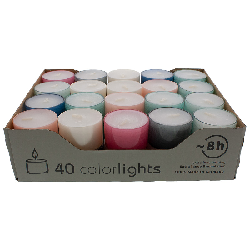 Teelichte Colorlights 8 Stunden Brenndauer Pastell Edition 40er Pack