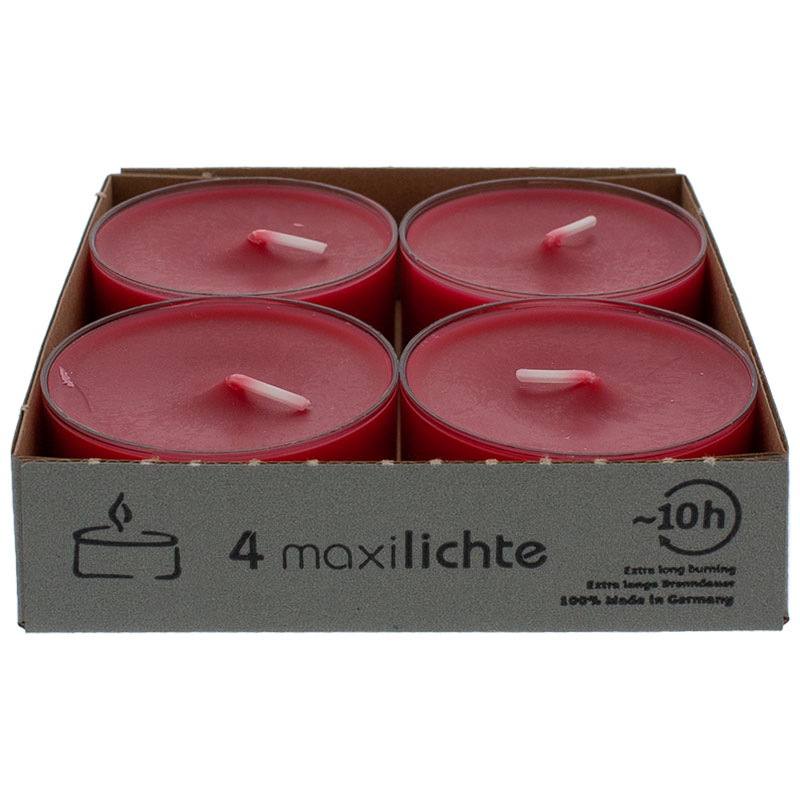 Maxi-Teelichte rubinrot in transparenter Hülle 10 Stunden Brenndauer 4er Pack