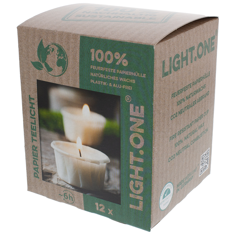 LIGHT.ONE® Papier-Teelicht mit 6 Stunden Brenndauer 12er Pack