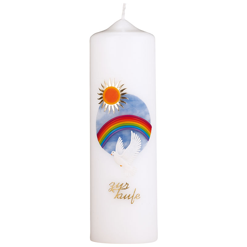 Taufkerze modern Taube mit Regenbogen und Sonne