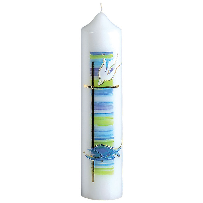 Taufkerze modern mit Streifenmuster blau/grün