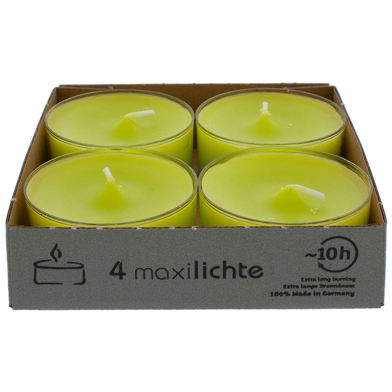 Maxi-Teelichte limone in transparenter Hülle 10 Stunden Brenndauer 4er Pack