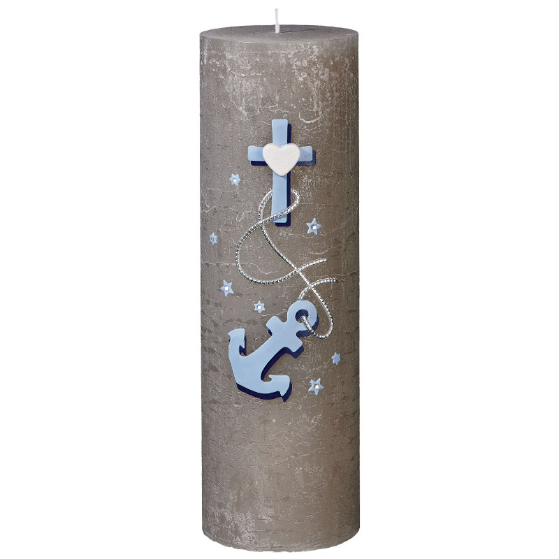 Taufkerze Rustik modern Kreuz mit Anker hellblau