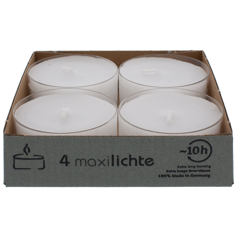 Maxi-Teelichte weiß in transparenter Hülle 10 Stunden Brenndauer 4er Pack
