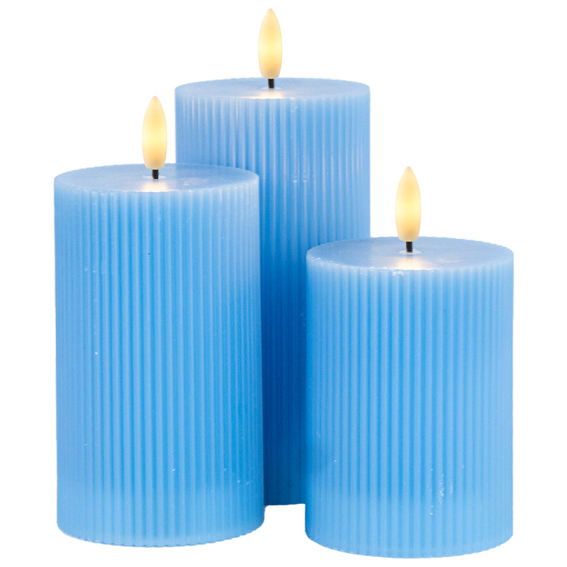 SIRIUS® LED Echtwachskerzen "Smilla" wiederaufladbar 3er Set Ø 7,5 cm blau