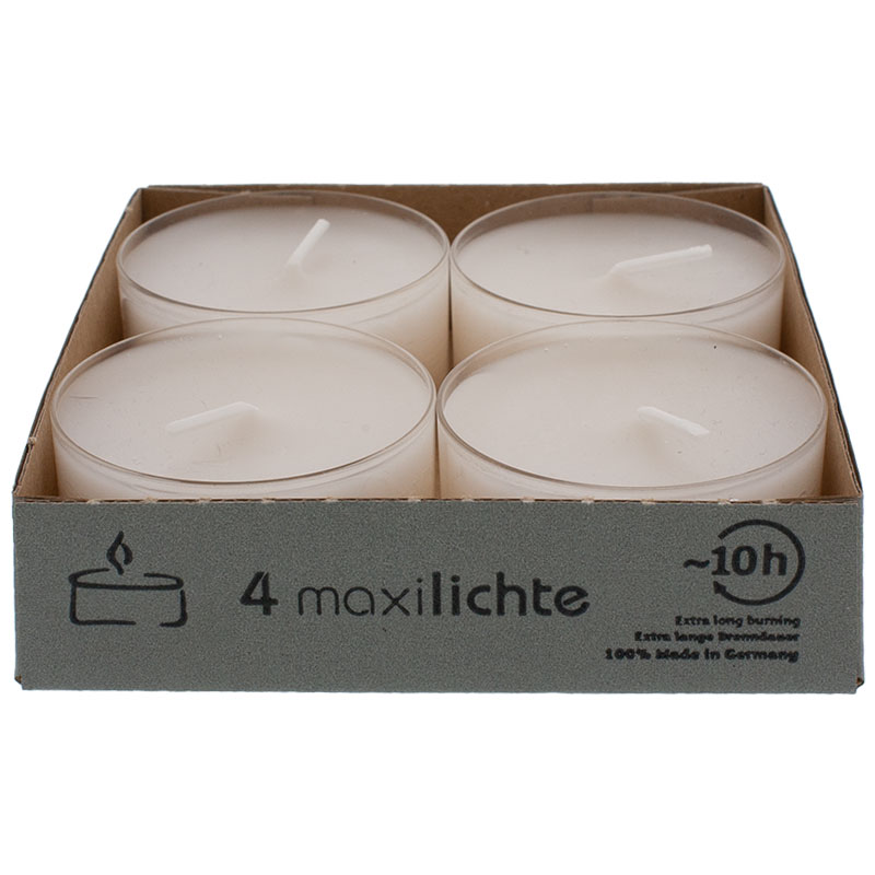 Maxi-Teelichte wollweiß in transparenter Hülle 10 Stunden Brenndauer 4er Pack