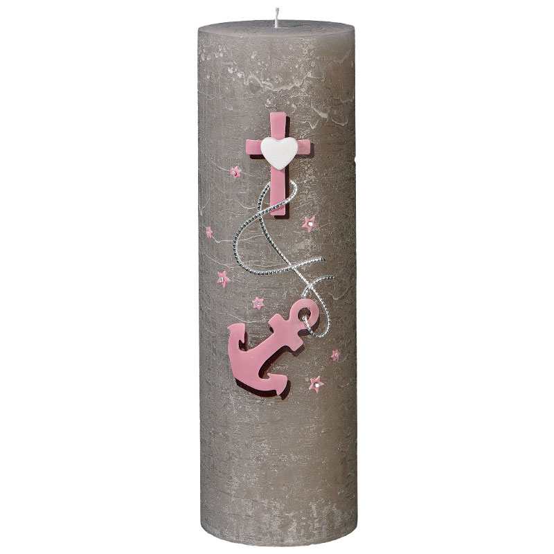 Taufkerze Rustik modern Kreuz mit Anker rosa