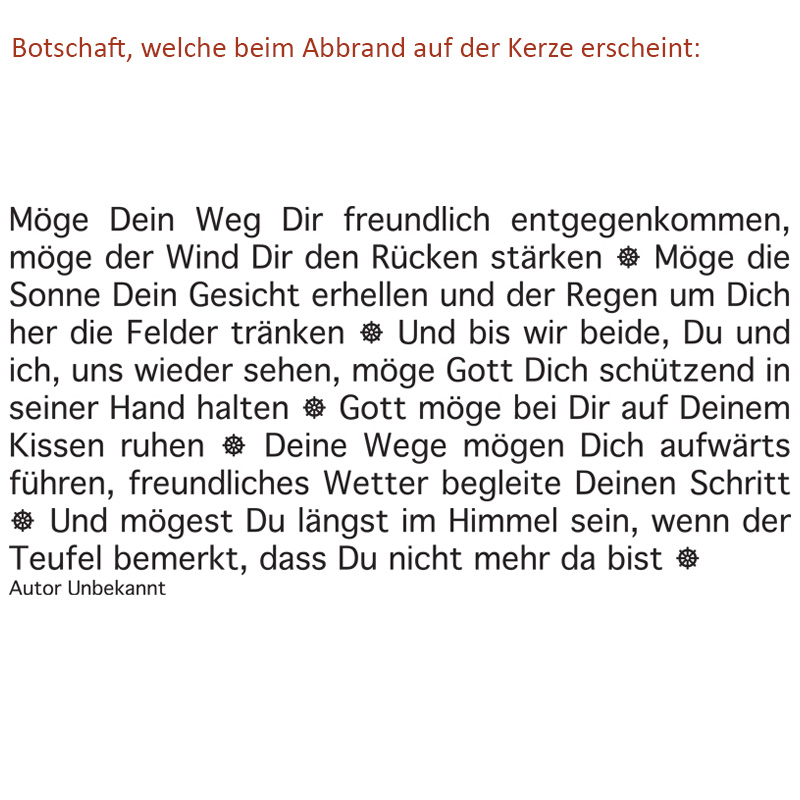 Wortlicht Kerze Leuchtende Gedanken "Irischer Reisesegen"