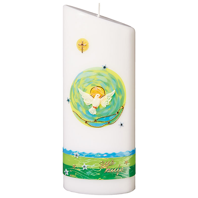Taufkerze modern Ellipse mit Taube grün